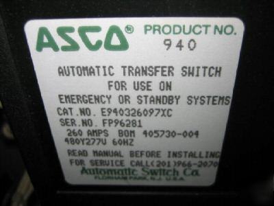 Asco 260 amp 940 series transfer switch 480 y / 277 v