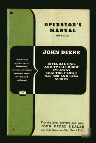 John deere 820-820A tractor plow operator's manual 1956