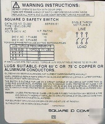 Square d model DU322 60 amp 240 v ac 3 pole breaker box
