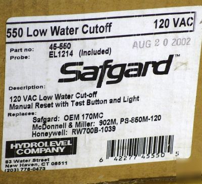 New hydrolevel safgard 550 low water cutoff nice item 