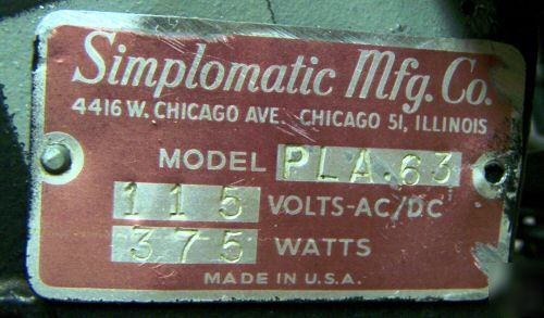 Simplomatic mfg co pla-63 injection mold press 115VACDC