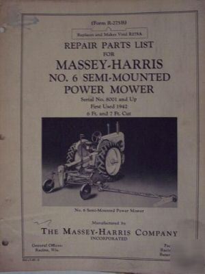 Massey harris no. 6 sickle mower parts manual -original