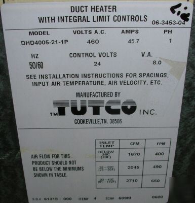 Tutco flange mount electric duct heater DHD4005-21-1P
