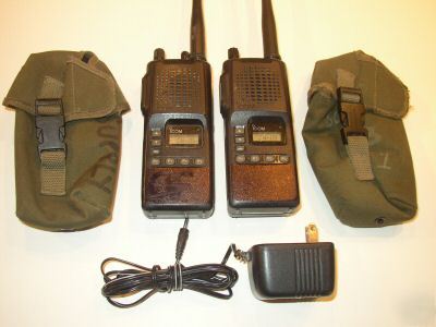 Two (2) icom F3S vhf radios w/ charger & pouches - nice