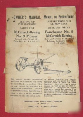  mccormick-deering no 9 mower owner's manual parts list