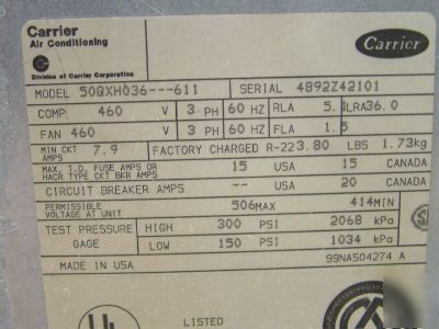 Carrier heat pump.PH3,460V,model 50QXH036-611