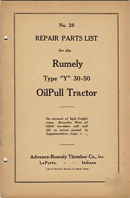 Parts list rumely type y 30-50 oil pull tractor