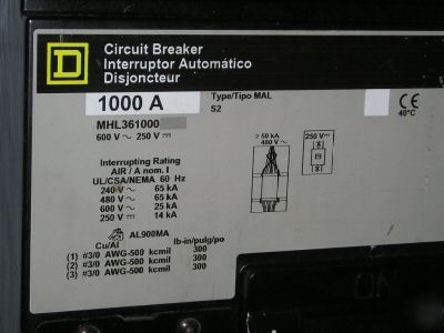 Square d circuit breaker, 1000A, 600V, MHL361000