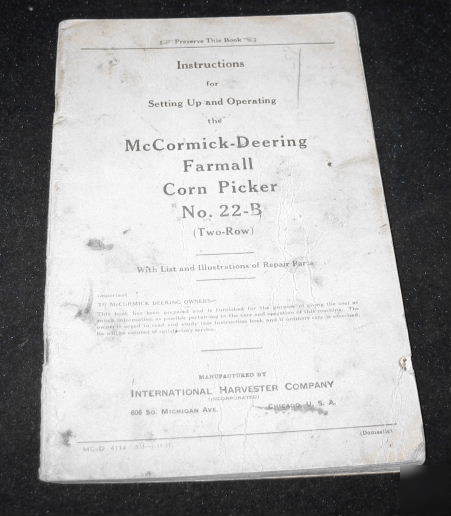 Ih intl harvester mccormick deering corn picker no 22 b